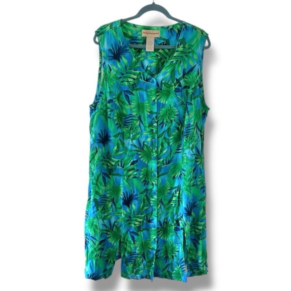 Vintage 90s Expressions Green Blue Tropical Print Dress Women’s Plus Size 24W